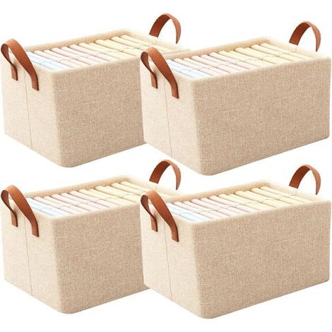 Boîte de rangement en tissu : 4 pièces paniers de rangement pliables avec poignées, organisateur de penderie en tissu, boîtes de rangement pour vêtements, serviettes, livres, 40 × 27 × 21 cm, beige (1/5)