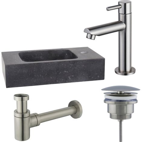 FugaFlow Eccelente Arredo Pack Lave-mains - 40x22x9cm - 1 trou de robinet - pierre naturelle - robinet Inox - Noir