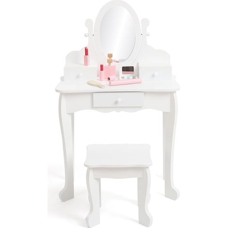 Coiffeuse Enfant Fille Princesse avec Miroir et Tabouret - Bureau 2-en-1 avec 3 Tiroirs - 4 à 9 Ans - Blanc (1/5)