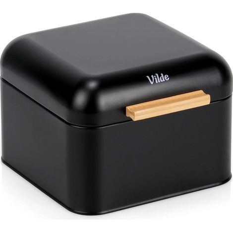 Black Metal Bread Bin with Bamboo Handle, 22x20x14.5 cm (1/5)