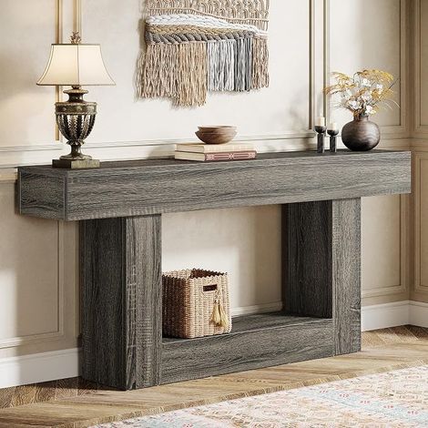 160 cm Farmhouse Console Table with Storage Shelf, Vintage Grey Entryway Table, Narrow Sofa Table for Hallway, Living Room and Entrance