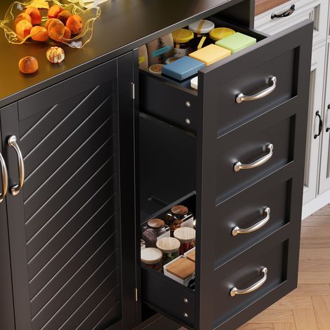 Buffet de cuisine 120 x 40 x 188 cm avec éclairage LED, étagère à snacks, porte-gobelets, 4 portes + 2 grands tiroirs, vert/noir/blanc (1/4)