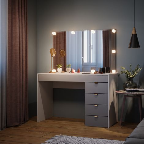 Schminktisch Elise, Weiß/Grau/Grau, 115 cm mit LED Beleuchtung, Vicco