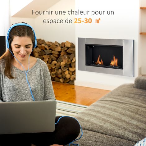 Cheminée bioéthanol murale encastrable - Acier inox - 2 brûleurs 0,9L - Design élégant sans fumée - 110x14,5x54 cm (1/5)