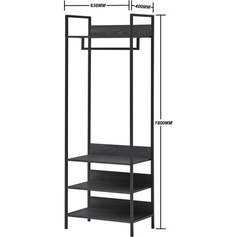 Skinny Black Open Wardrobe with 4 Shelves and Hanging Rail in Oak Effect Black Metal Frames (1/3)