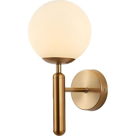 Applique Murale Boule de Verre Blanc 150mm, Globe en Verre Blanc avec Base en Laiton Or Applique Murale (Laiton Doré) (1/5)