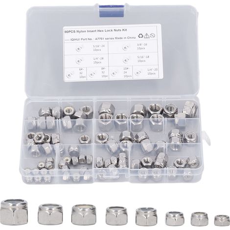 Écrous autobloquants en acier inoxydable 304, lot de 80 pièces, normes UK/US, avec insert nylon anti-desserrage, 8 tailles différentes, référence fournisseur A7751. (1/5)