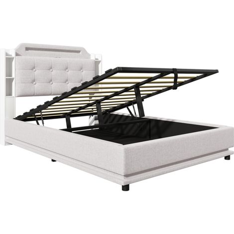 Letto contenitore imbottito 140 x 200 cm beige in lino con LED, USB-C e USB, MODENUIT (1/5)