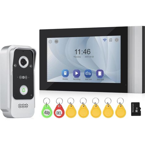 Interphone 2 fils, écran tactile couleur de 7 pouces, sonnette vidéo WiFi, détection de personnes, Wi-Fi 2,4G, déverrouillage par application/carte RFID, avec caméra vision nocturne (1/5)