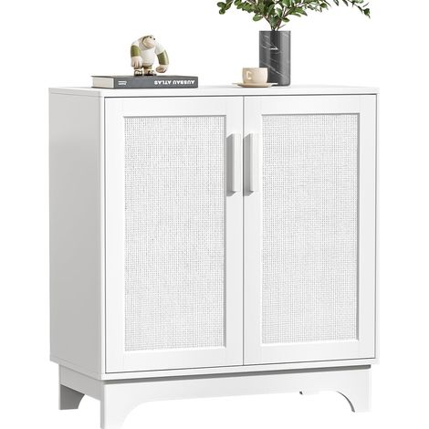 Rotin Buffet Salon Blanc Meuble de Rangement avec 2 Portes et Étagères Réglables, Style Bohème, Fermeture Magnétique, pour Salle à Manger et Cuisine, Bois, 80 x 40 x 89 cm (1/5)