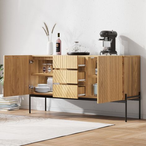 Meuble TV 140 x 40 x 75 cm avec 2 portes et 3 tiroirs, pieds métalliques, naturel HAVRYA (1/5)