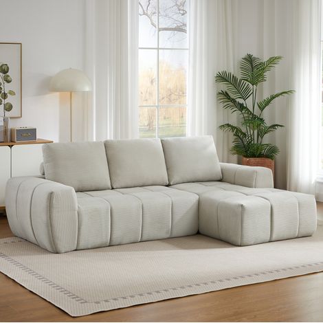 Canapé d’angle en velours côtelé beige 255 x 162 x 84 cm, sans montage, REDOM (1/5)