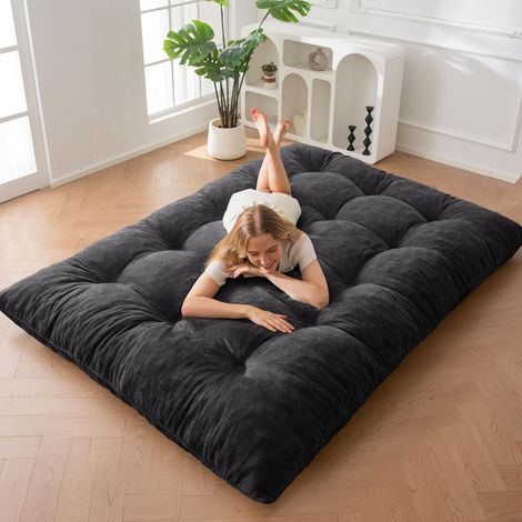 Matelas Futon 2 Places Épais 15CM Garnissage en Mousse Déchiquetée, Tissu Chenille avec Boutonné Design, Enroulable Matelas de Sol/Futon Pliable Pratique (Cadre Non Inclus) (1/5)