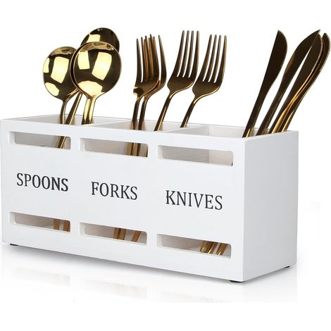 Porte-couverts en bois, blanc, porte-couverts, porte-ustensiles de cuisine pour fête, en bois, couverts, organisateur, récipient de rangement de comptoir, porte-cuillère et fourchette, couverts, panie (1/5)