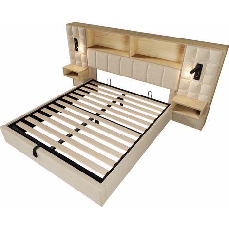 Polsterbett 160x200 cm Beige mit Stauraum, LED, 2 Leselampen, 2 Nachttischen, USB-C, MODENUIT (1/5)