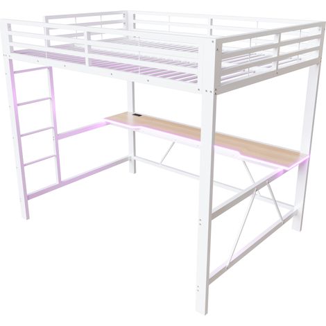 Letto a soppalco gaming 140x200 in metallo bianco con LED, USB e scrivania (1/5)