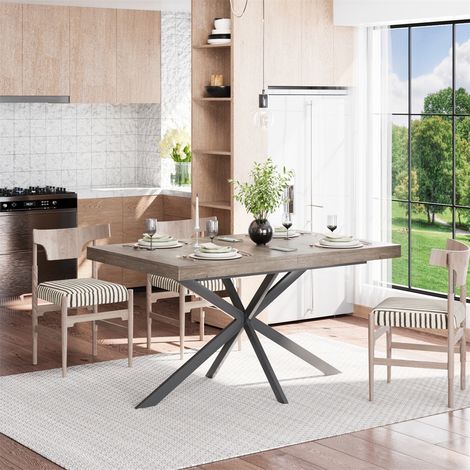 Table à Manger Extensible Rétro - 140-180x80x76 cm - Table de Salon avec Rangement Caché et Pied en X - Gris (1/5)