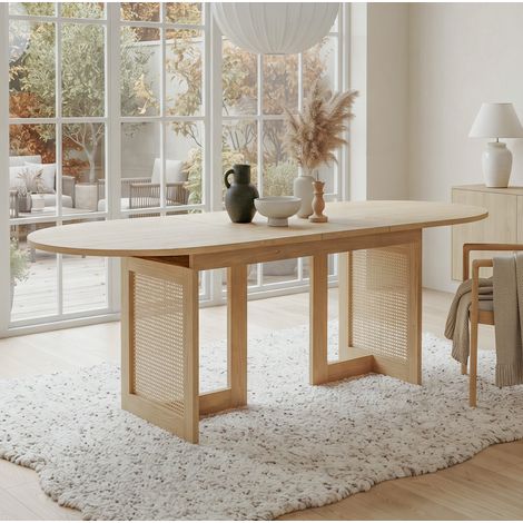 Table à manger extensible 6 à 8 personnes 150/200 x 90 cm, bords arrondis, MDF, style épuré, pieds effet résine tressée, bois clair  CHICFURN (1/5)