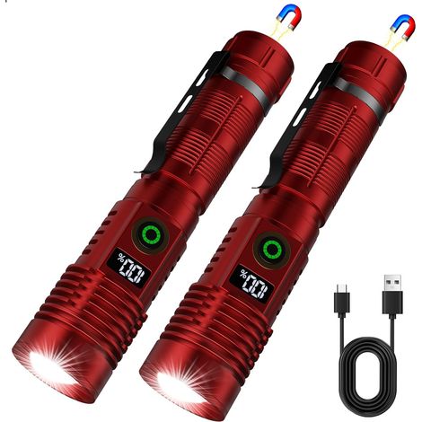 Lot de 2 lampes torches tactiques rechargeables, 2000 lumens, 6 modes d'éclairage, zoom, écran LCD, rechargeables par USB-C, magnétiques, portables, idéales pour le camping d'urgence - Rouge (1/4)