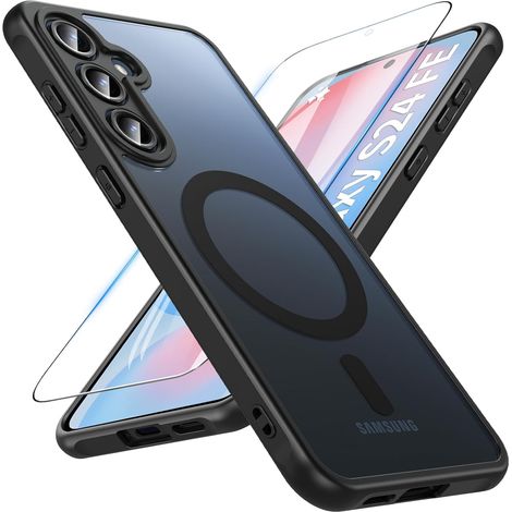 Coque Magnétique pour Samsung Galaxy S24 FE 5G,Compatible avec MagSafe avec Verre Trempé,Translucide Mat Coque pour Samsung S24 FE Housse Fine Antichoc Case pour S24 FE(Noir) (1/5)
