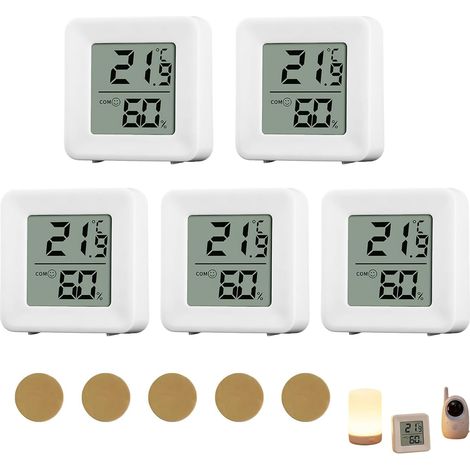 Juego de 5 termohigrómetros digitales con pantalla LCD de alta precisión: medición de temperatura y humedad para sala de estar, dormitorio, oficina, invernadero, bodega o habitación infantil. Compacto (1/5)