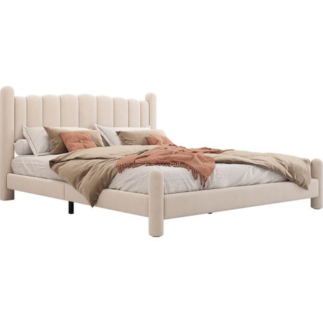 Letto Matrimoniale 180 x 200 cm in Velluto, Testiera Ondulata, Senza Materasso, Beige (1/5)