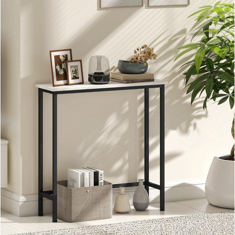 Table console en bois et métal noir 75 cm, plateau effet marbre, gain de place (1/5)