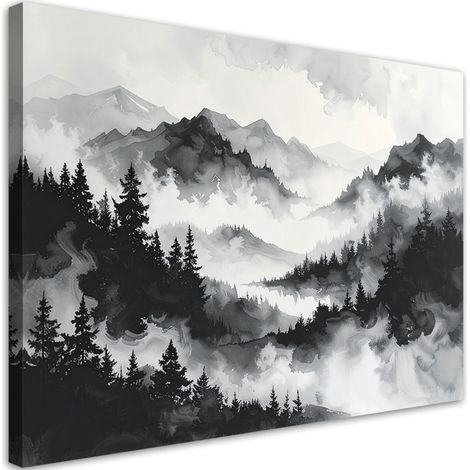 Cuadro sobre Lienzo, Montañas y bosque en la niebla Paisaje minimalista, 30x20 (1/5)