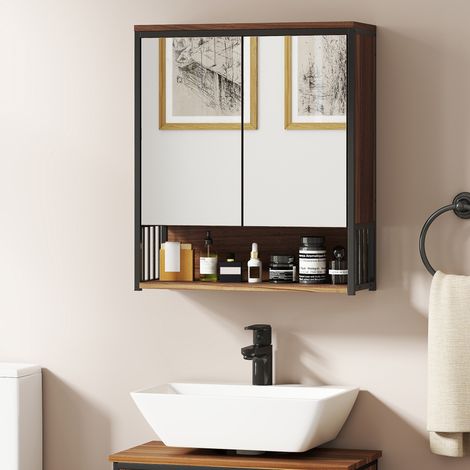 Mobiletto da bagno a specchio da parete, mobiletto da bagno in MDF e truciolato, marrone