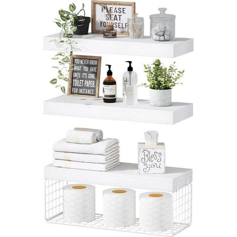 Étagère flottante - Rangement - Organisateur de salle de bain - Étagère murale en bois - Blanche (1/5)