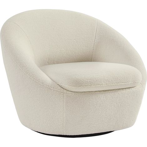Vente-Unique – Fauteuil pivotant arrondi en tissu bouclette blanc – Confort d'assise équilibré – Structure bois – Livré monté – 1 place (1/5)