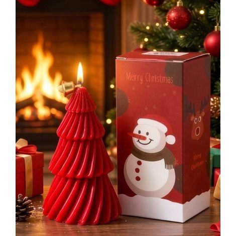 Bougie parfumée sapin de Noël spirale rouge, déco festive petite taille avec clochette (1/3)