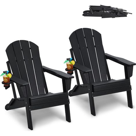 Chaise Adirondack en Plastique, Lot de 2, Fauteuil de Jardin Pliant Portable, Charge 181,4 kg, avec Porte-Gobelet, Accoudoir Relaxant, pour Toutes Saisons, Extérieur, Patio, Arrière-Cour, Noir (1/5)