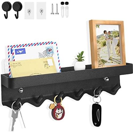 6-Hook Wall Key Holder, Multifunctional Self Adhesive or Drilling 2 Ways Installation Wall Key Holder Suitable for Entryway, Kitchen, Office, Bathroom and Living Room (Black) (1/5)