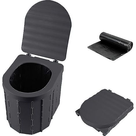 HOXILEELEO - Toilettes de camping portables pliables avec couvercle, étanches, pour voiture, camping-car ou tente, noires. (1/4)