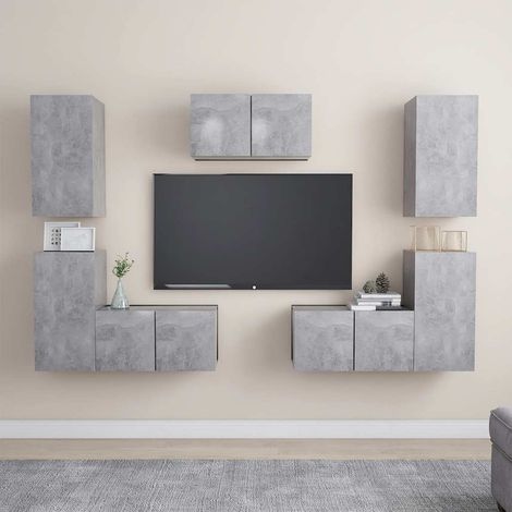 Lot de 7 Meubles TV - Armoire Télévision Moderne Banc TV Gris béton Aggloméré -FR29016 (1/5)