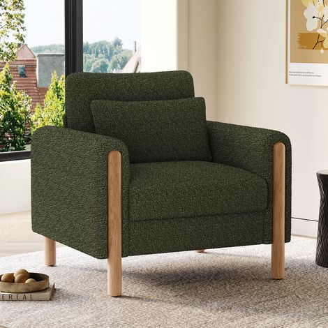 Sillón 87x83x88,5 cm de tela de peluche verde, cómodo para salón, FloraGrace (1/5)