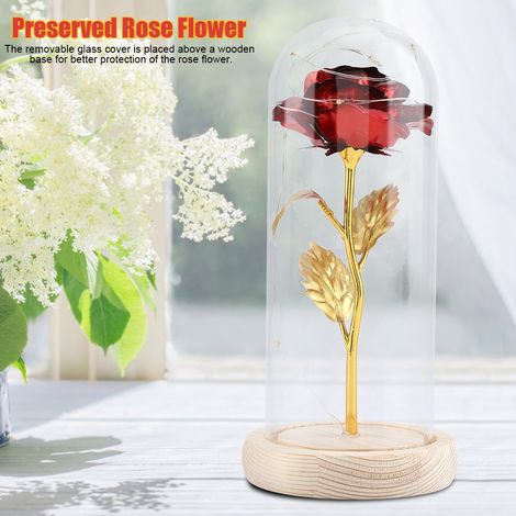 Rose éternelle sous verre avec éclairage LED, socle en bois, rouge, cadeau Saint-Valentin, mariage, décoration romantique (1/5)