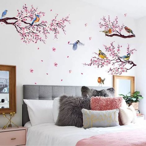 Stickers Muraux Fleurs de Pêcher et Oiseaux Arbre Branche Plantes Autocollants pour Salon Chambre Enfant Couloir (1/4)