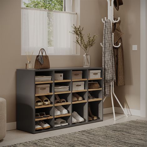 Schuhschrank Lysander, Anthrazit/Goldkraft Eiche, 104.2 x 65.5 cm mit 18 offenen Fächern, Vicco (1/5)