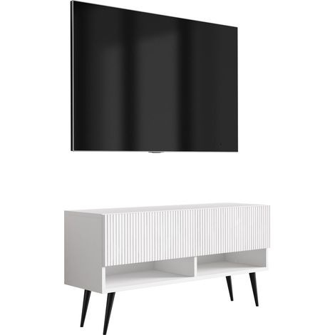Meuble TV avec façade rainurée, blanc mat, pieds inclinés noirs, 100 × 32 × 52 cm (1/5)