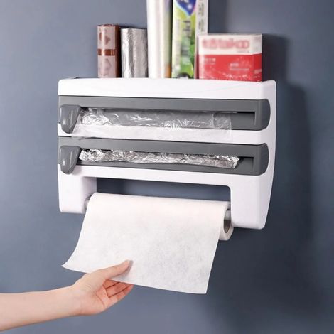 Organisateur de cuisine 3 en 1 avec découpeur intégré Distributeur film foile et cling porte serviettes papier économiseur d'espace (1/5)