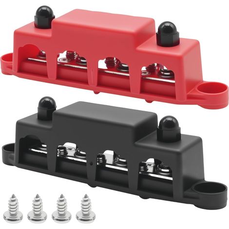 Lot de 2 blocs de distribution de bus, 12 V-48 V DC, 250 A, avec 4 goujons de serrage M8, convient pour les voitures, camping-cars (rouge, noir) (1/5)