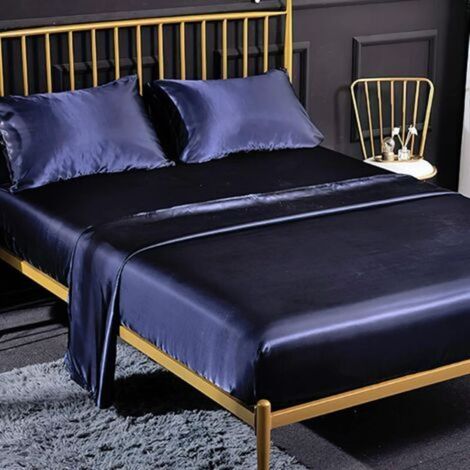 Pr Ensemble 4 Pièces de Draps de Lit en Satin Couleur Unie 1 x Drap Housse 198203 cm 2 Personnes avec Grand Bonnet de 35 cm, 1 x Drap Plat et 2 x Taie d'oreiller, Bleu Marine (1/5)