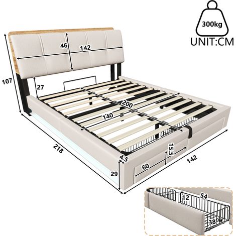 Lit à sommier hydraulique 140x200 cm, rangement multifonction, chargeur USB-C intégré, sans matelas, éclairage LED, commande bouton/application, tissu lin beige (1/5)