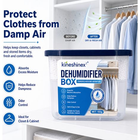 Die KineShineX Feuchtigkeits- und Entfeuchtungsbox absorbiert effektiv Feuchtigkeit aus der Luft, beseitigt muffige Gerüche und schützt Kleidung und Lederwaren. (1/5)