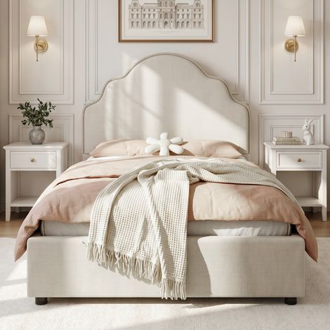 Lit enfant rembourré 90x200 cm Lit simple avec tête de lit capitonnée, tissu lin, beige (1/5)