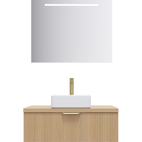 Meuble de salle de bain suspendu vasque à poser 90cm 1 tiroir Chêne cannelé + miroir - Venice (1/5)