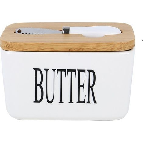 Beurrier carré en porcelaine avec couteau, couvercle en bambou, blanc, 600 ml (1/5)