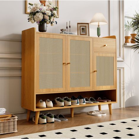 Mueble zapatero 120 x 35 x 106 cm con 3 puertas, 1 cajón y 5 estantes Natural DESVIAE (1/5)